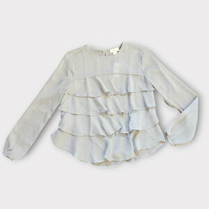Loft Popover Blouse Size XS Ruffles Size XS Gray Print